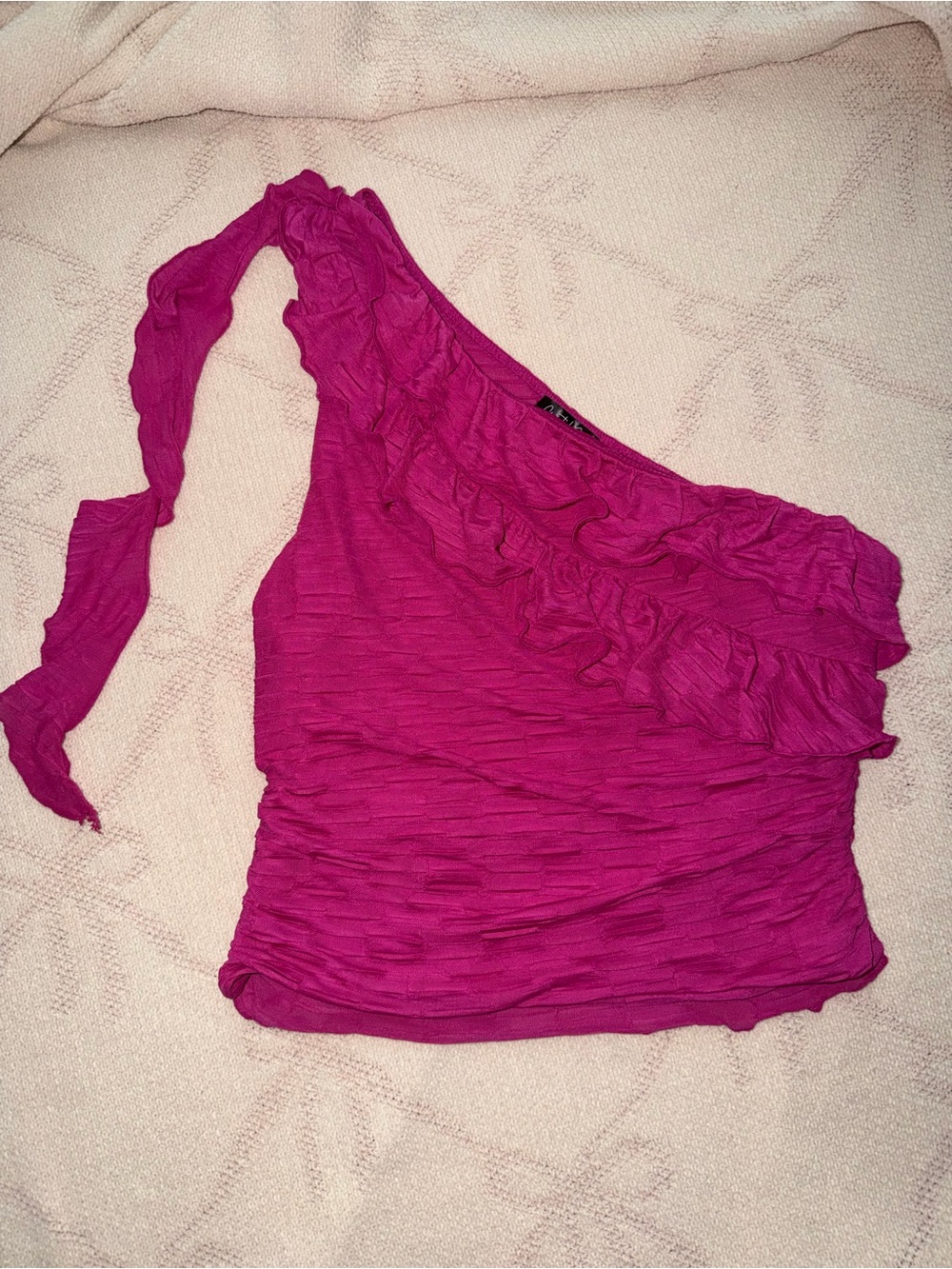 See You Monday One-Shoulder Ruffle Crop Top in Fuchsia
